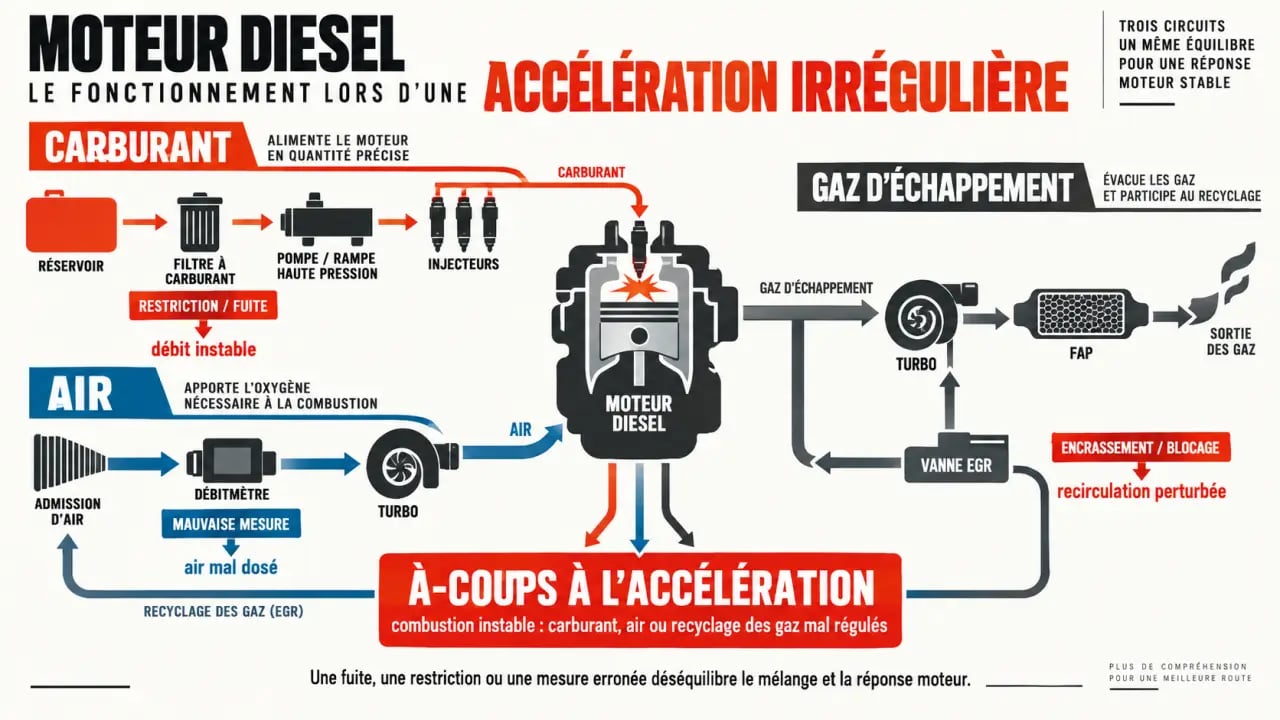 Schéma des causes d’une voiture qui broute à l’accélération diesel dans les circuits d’air, de carburant et d’échappement