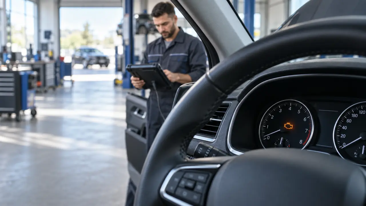 Technicien automobile réalisant un diagnostic électronique sur une voiture