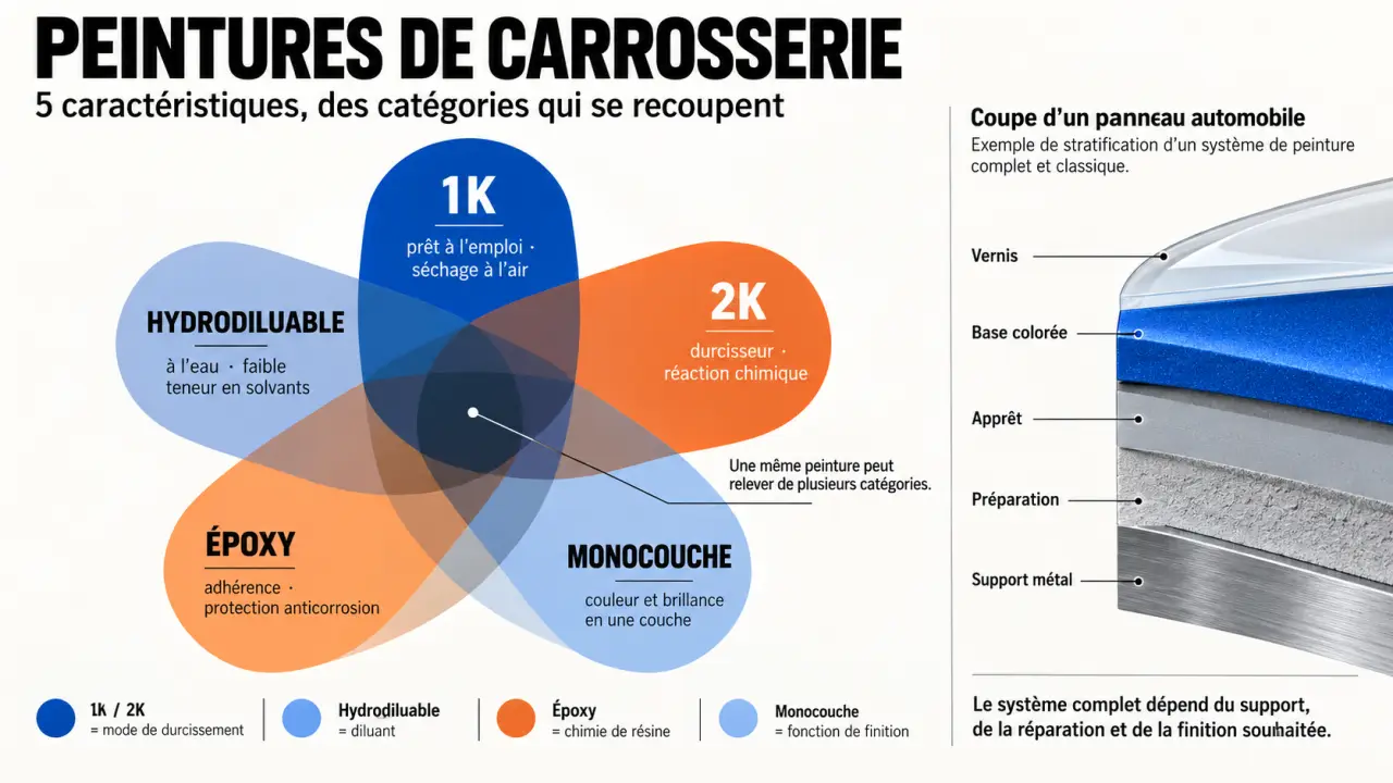 Peinture carrosserie : comparaison visuelle des types 1K, 2K, hydrodiluable, époxy et monocouche
