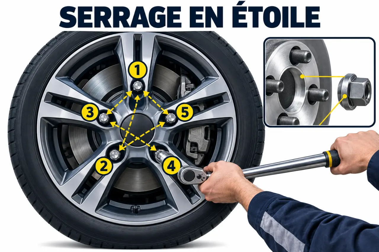 Schéma du couple de serrage d'une roue de voiture avec ordre de serrage en étoile
