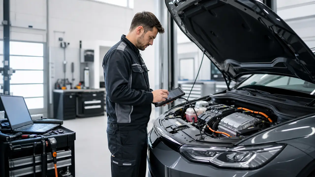 Atelier moderne avec diagnostic électronique sur voiture hybride
