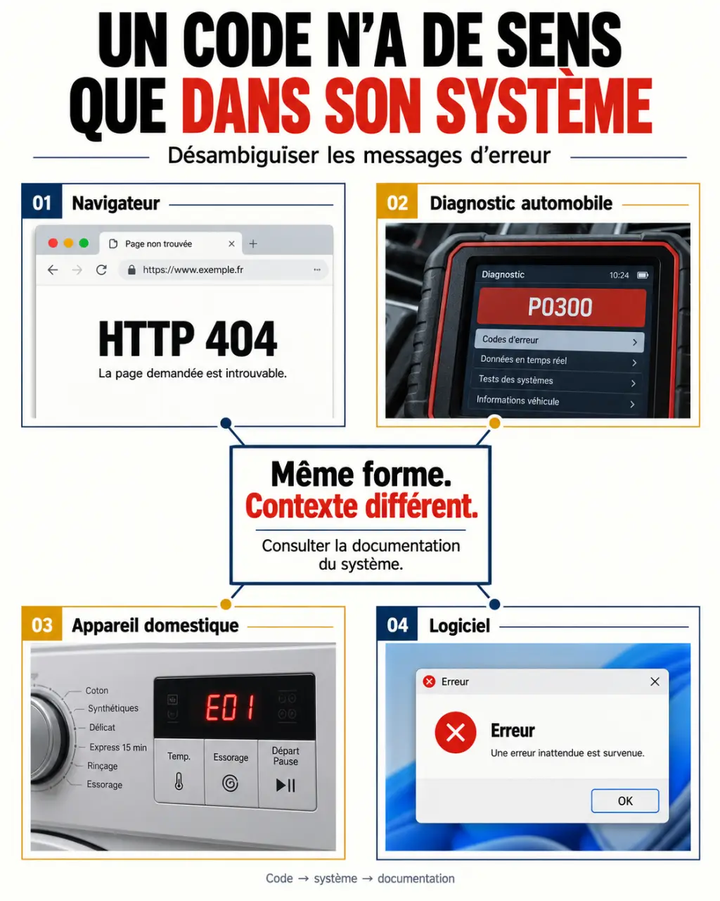 Infographie pour comprendre les codes erreur HTTP, OBD, appareils domestiques et logiciels
