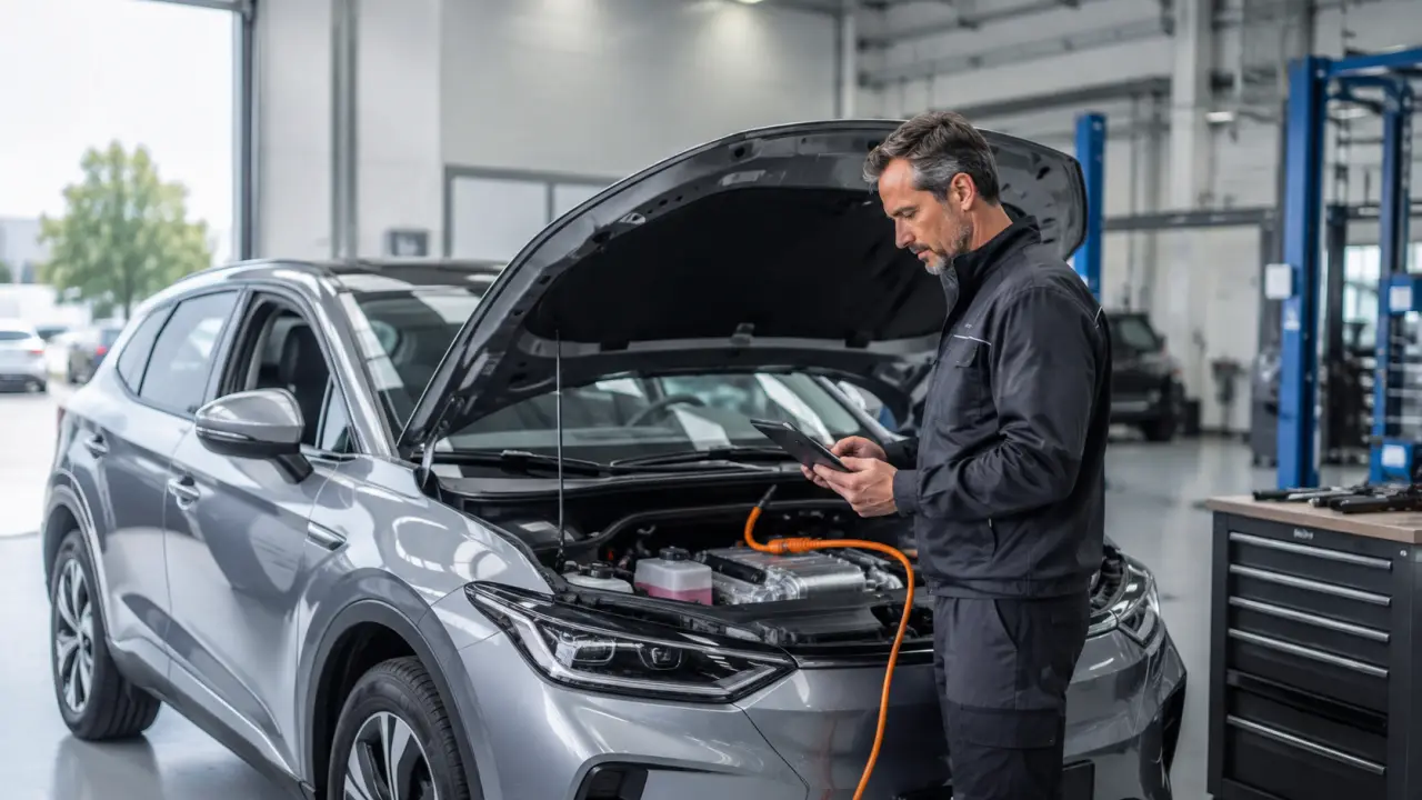 Technicien réalisant le diagnostic électronique d'un véhicule hybride dans un atelier automobile moderne