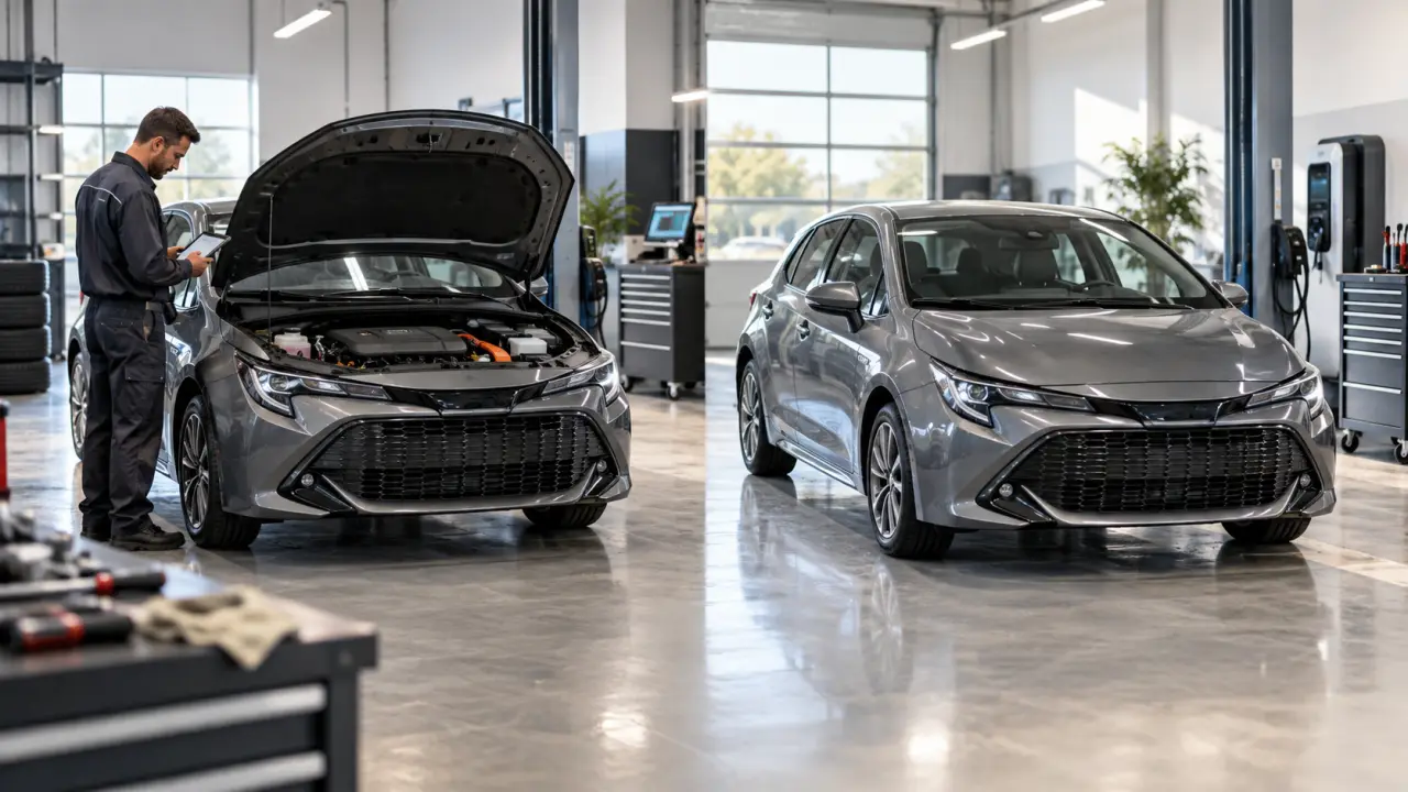 Technicien réalisant la révision d'une voiture hybride dans un atelier automobile moderne