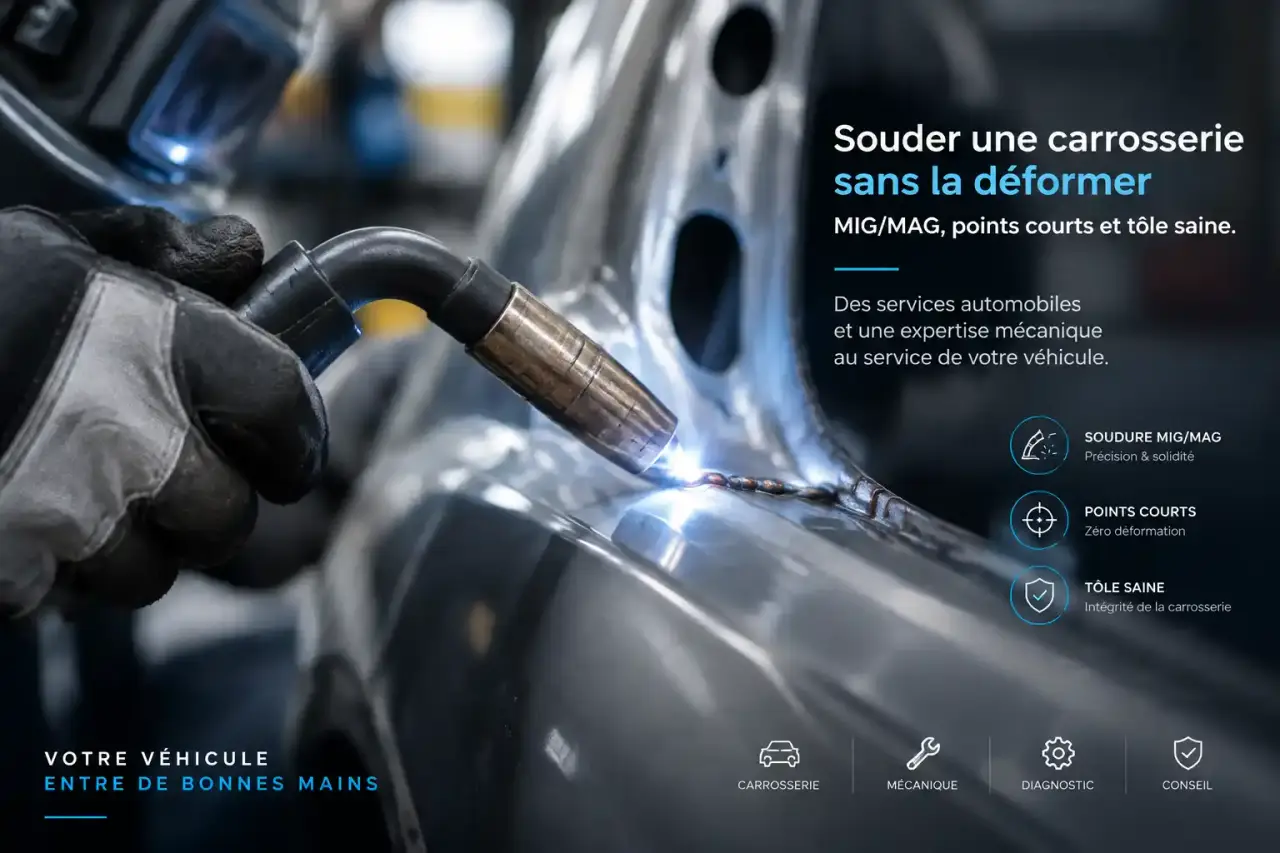Souder une carrosserie sans la déformer : MIG/MAG, points courts et tôle saine