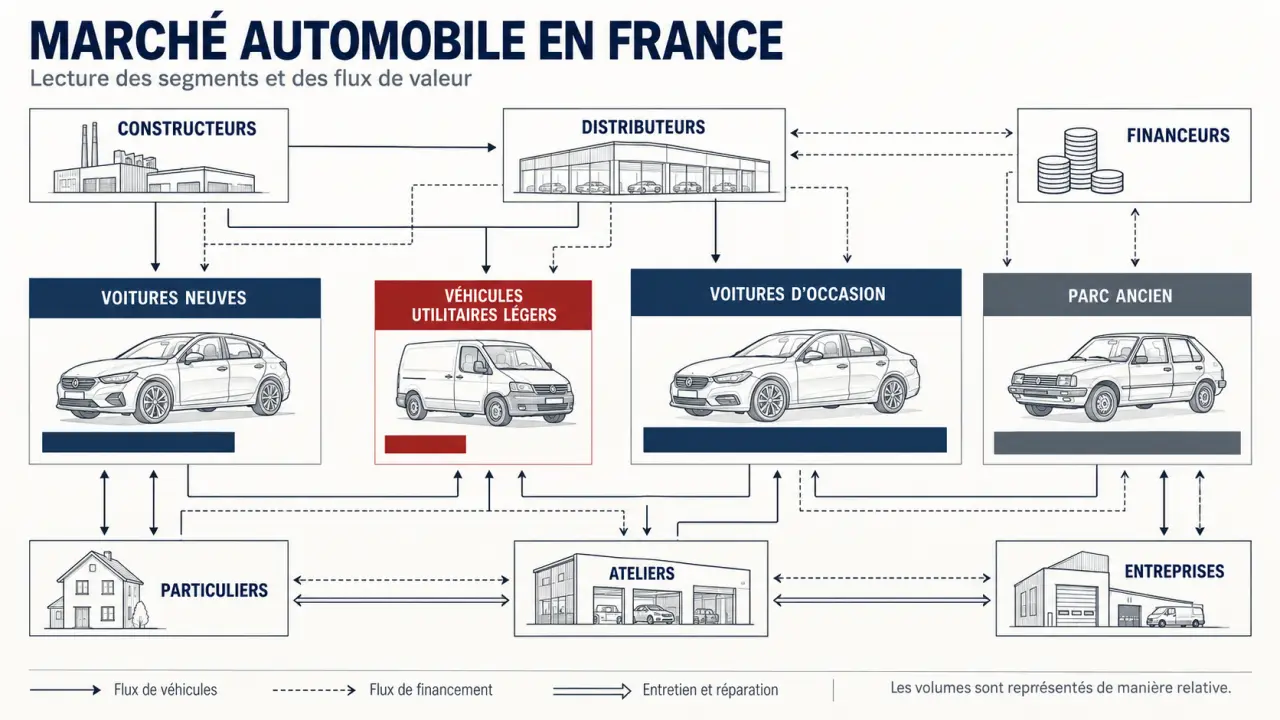 Infographie synthétique d'une étude de marché automobile en France et de ses principaux segments