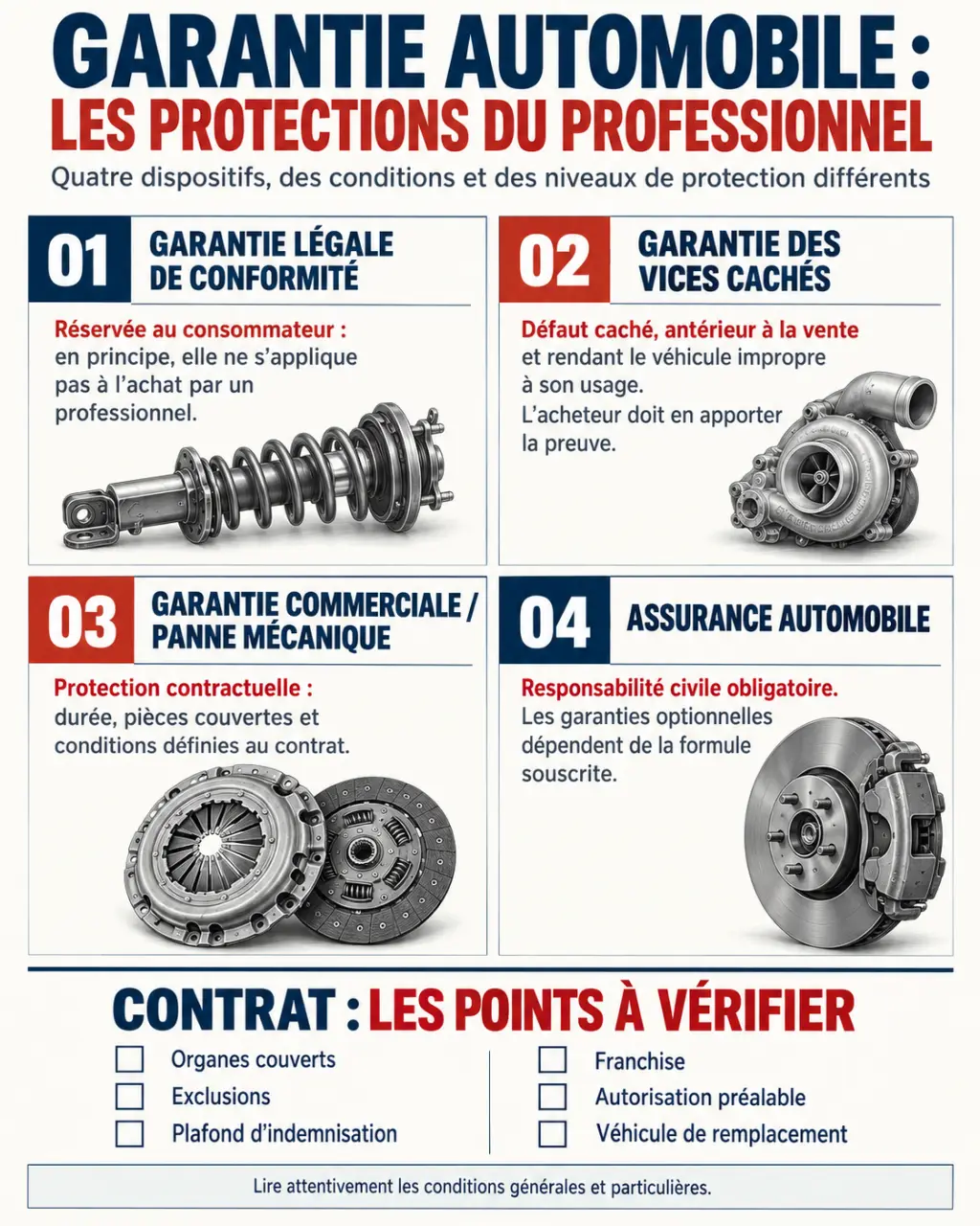 Infographie sur la garantie automobile pour professionnel et les points à vérifier dans un contrat