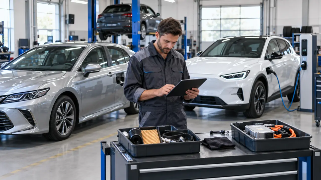Technicien réalisant le diagnostic d’un véhicule hybride ou électrique dans un atelier moderne