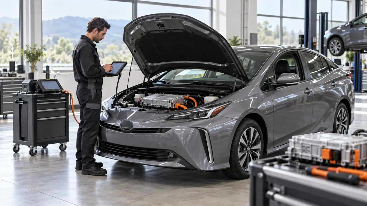 Technicien automobile réalisant le diagnostic d'une batterie de véhicule hybride