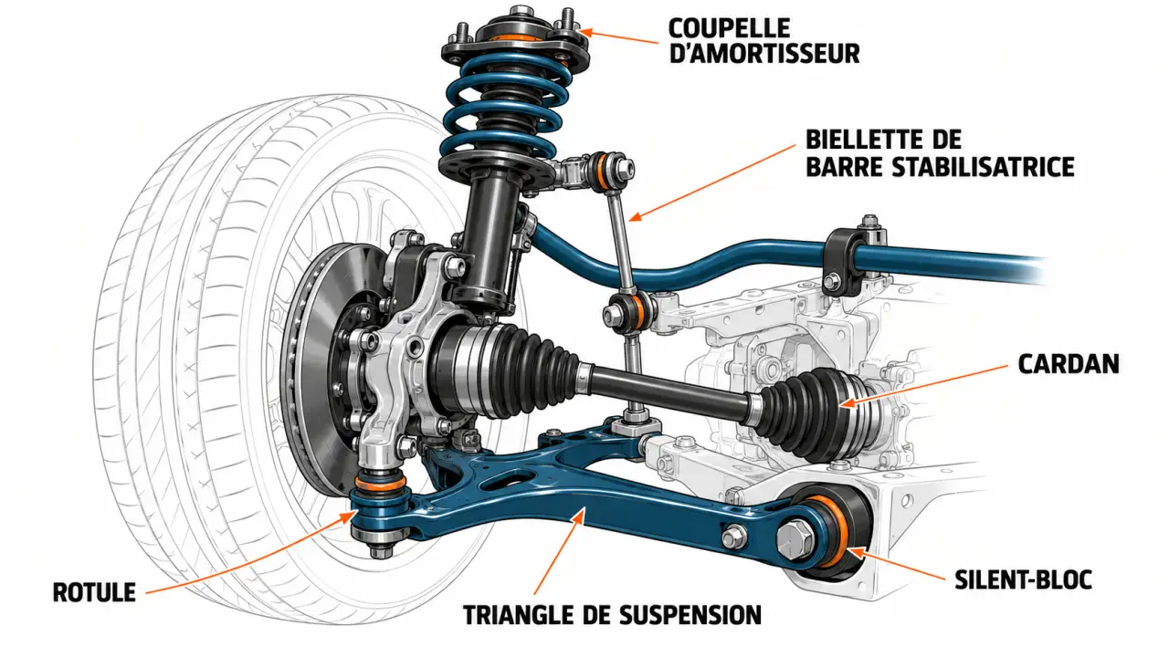 Schéma des pièces pouvant provoquer un bruit de claquement quand je roule sur une bosse
