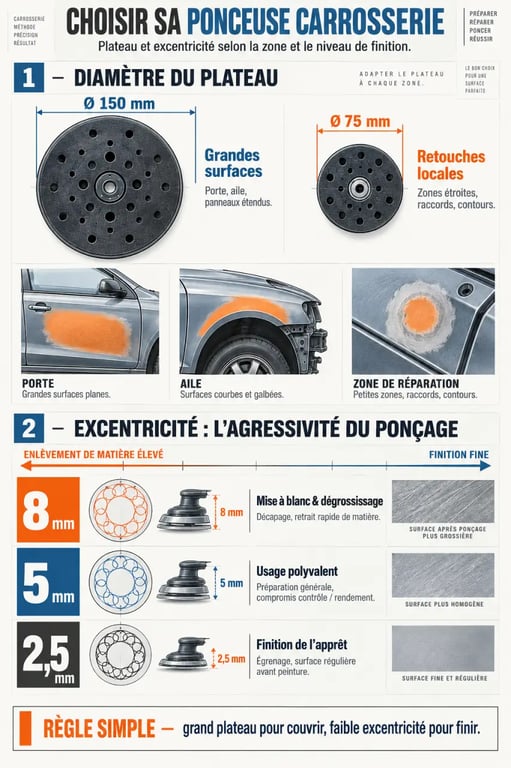 Infographie pour choisir une ponceuse carrosserie selon le diamètre du plateau et l’excentricité