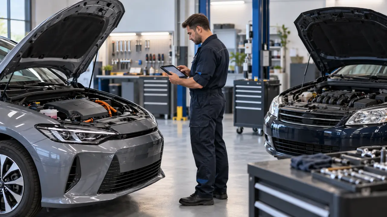 Technicien réalisant la révision d'un véhicule hybride dans un atelier automobile moderne