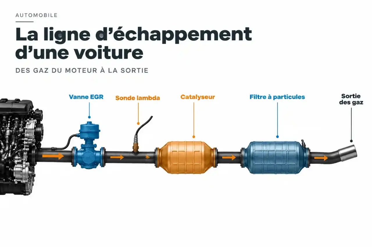 Schéma du système antipollution à contrôler : vanne EGR, sonde lambda, catalyseur et filtre à particules sur la ligne d'échappement