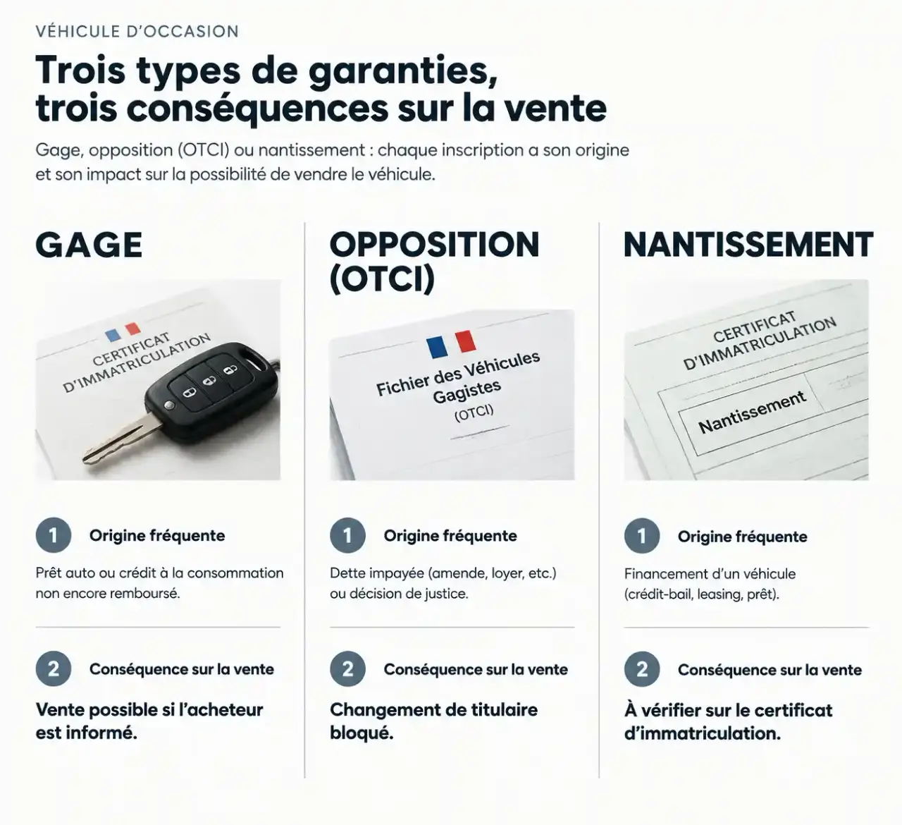 Schéma comparatif entre véhicule gagé, opposition et nantissement et leurs conséquences sur la vente