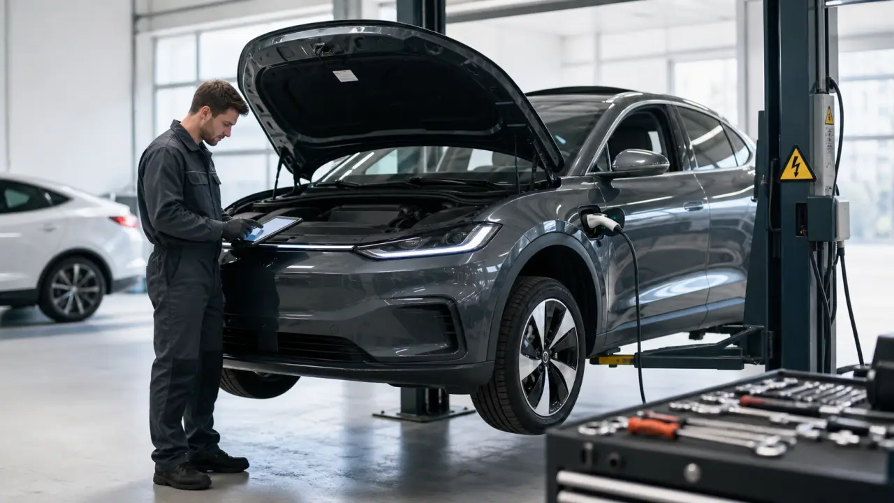 Atelier moderne avec un technicien réalisant un diagnostic sur une voiture électrique