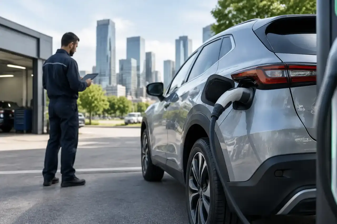 Technicien contrôlant un véhicule hybride dans un atelier automobile moderne