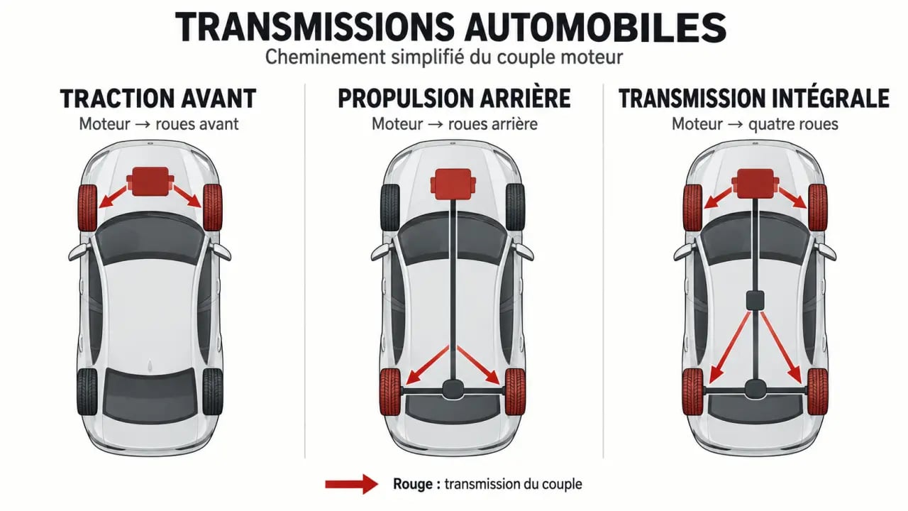 Schéma d’une voiture roue motrice en traction, propulsion et transmission intégrale