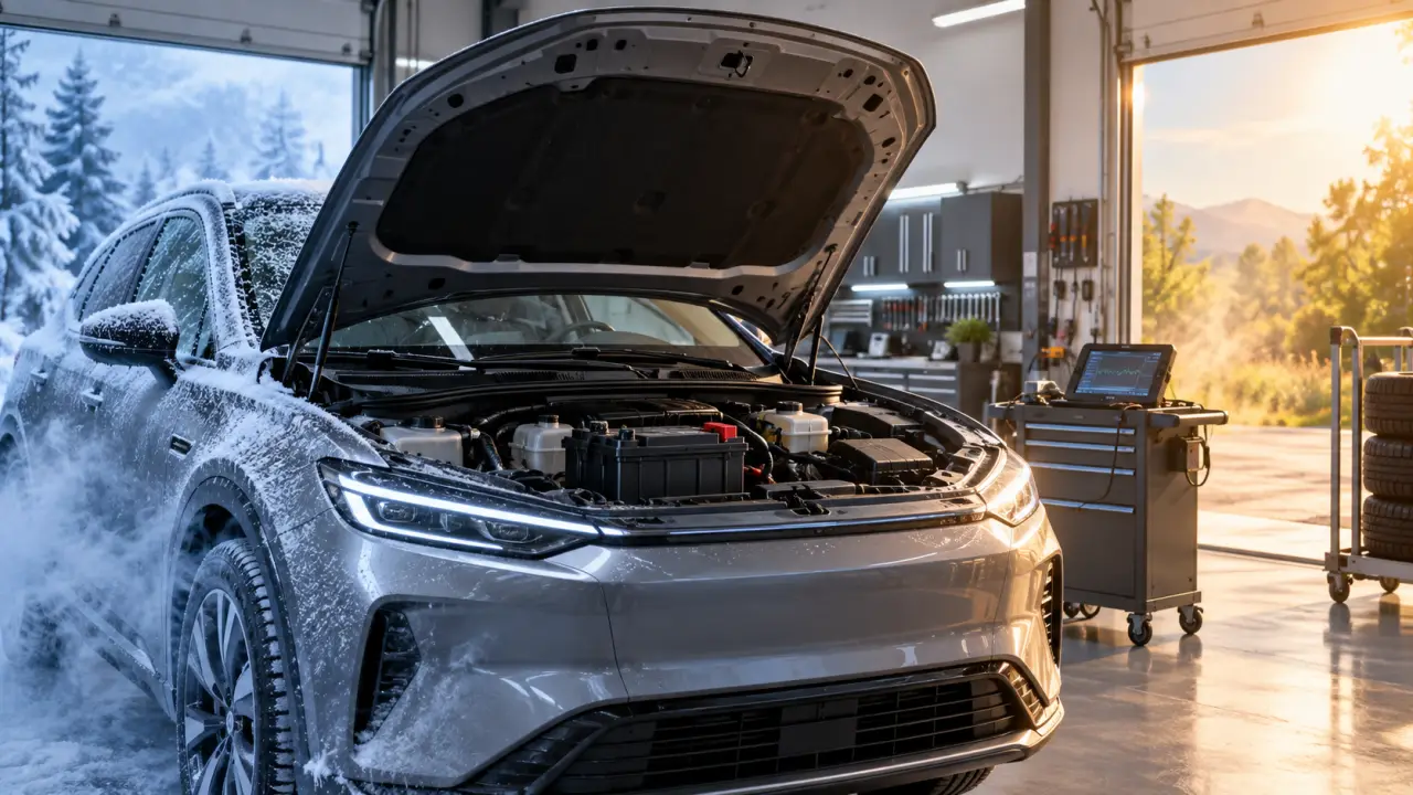 Technicien contrôlant la batterie d'une voiture dans un atelier automobile moderne